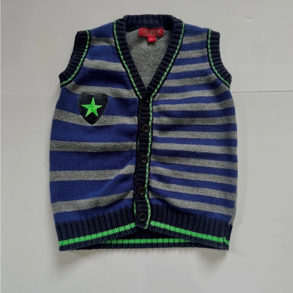 Les Deux Capitaines Kids Blue & Gray Striped Knit Vest with Neon Green Trim